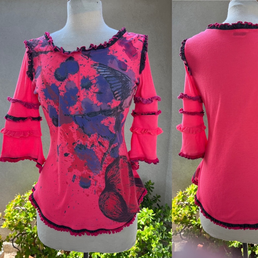 Nuvula avant-garde pink top goth bird ruffles theme Sz Small